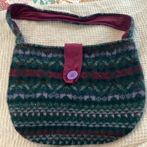 Wool Patterned Shoulder Bag in Green and Plum